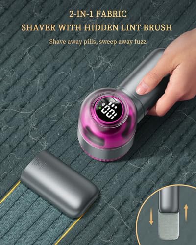 Fabric Shaver with Lint Brush, Large Lint Shaver with Digital Display, 3-Speeds Lint Remover with 6-Leaf Blades, Electric Sweater Shaver to Remove Pilling for Clothes, Furniture - color: Gray-purple