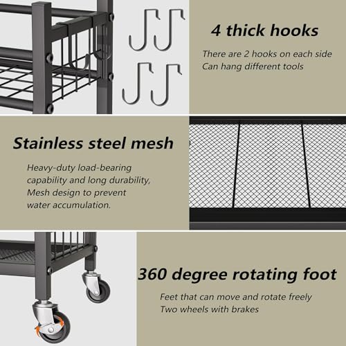 Garden Tool Organizer with Wheels for Garage and Shed, Spacious Tool Storage, Multi-Tier Design with Side Hooks for Rakes, Shovels, Brooms, and Yard Tools Rolling Cart - size: 37.2 x 12.6 x 34.4