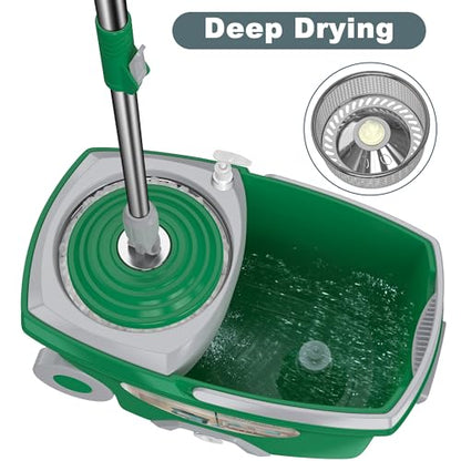 Dual Compartment Spin Mop and Bucket, Mop and Bucket with Wringer Set,360°Rotating Spinning Mopping for Floor Cleaning with 6 Microfiber Replacement Heads, 61" Extended Handle, 2X Wheel - Deep Green - size: Deep Green Mop Bucket + 6 Mop Heads