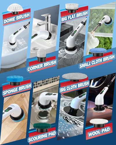 Electric Spin Scrubber, IPX7 Waterproof Cordless Cleaning Brush with 8 Replaceable Heads, Dual Speed & USB-C Charging, Retractable Handle Power Scrubber for Bathtub, Tile, Bathroom