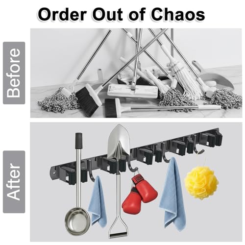 2 Packs 5 Racks and 4 Hooks Mop and Broom Holder Wall Mount, SUS304 Heavy Duty Broom Organizer Storage Tool Racks, Self Adhesive Solid Non-slip Tool Hangers for Home Kitchen Garden Laundry Garage - color: 5 Racks & 4 Hooks (Black) - 2 Pack