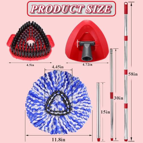 RinseClean Spin Mop Replacement Head for O Cedar RinseClean 2 Tank System, 2 Microfiber Mop Refills, 1 Base and 1 30-58in Handle, Scrubber Brush for Ocedar, Mop Refills Deep Cleaning Machine Washable