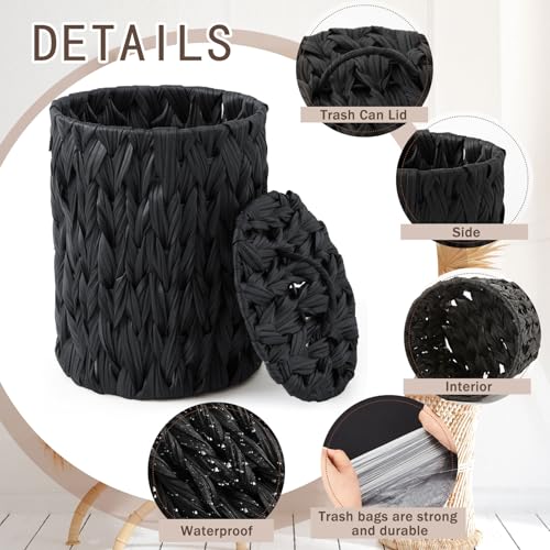 Ctosree 1.3 Gallons Small Trash Can with Lid Handle Boho Woven Braided Bathroom Waste Basket Trash Can with 100 Garbage Bags for Bedroom Office Laundry(Braided Polypropylene, Black) - color: Black, style: Braided Polypropylene