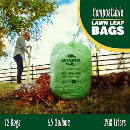 50-55 Gallon Compostable Trash Bags, 12 Count, 1.57 Mil Heavy Duty Flat Top Large Trash Bags for Lawn, Leaf, Yard Waste & Outdoor Garden Cleanup, ASTM D6400 BPI & OK Compost HOME Certified - color: 55 Gallon, Flat Top, 12 Count