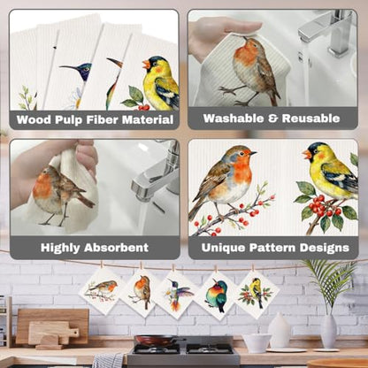 5 Pcs Colorful Bird Swedish Dishcloths, Bird Themed Swedish Dishcloth, Spring Summer Dish Cloths for Drying Dishes, Reusable Cleaning Cloths, Housewarming Gifts for Women - color: Lm 04246