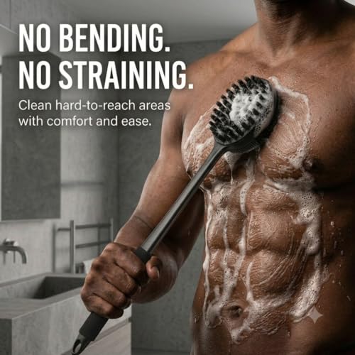 Silicone Back Scrubber for Shower, 17" Lengthen Long Handle Body Brush, Double Sided Shower Brush for Shower Exfoliating and Massage, Can Produce Rich Foam, Non Slip Grip Back Scrubber for Men - color: Black