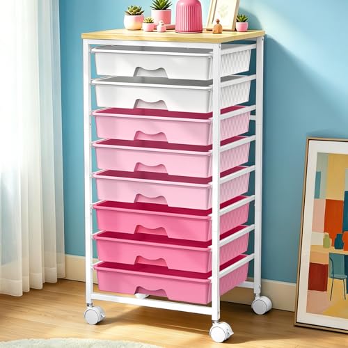 SUNALLY Rolling Storage Utility Cart With 8 Drawers, Storage Drawer Cart with Wooden Tabletop and 2 Lockable Wheels, 8 Tier Rolling Cart for Craft Art Supply Storage & Home Office Organization, Pink - color: Pink