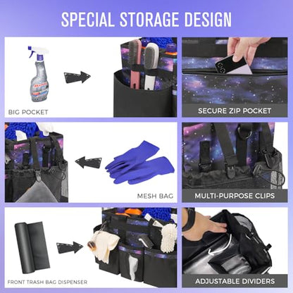 SCAVATA Wearable Cleaning Caddy, Cleaning Caddy Supplies Organizer with Handle & Shoulder Straps for Housekeepers, Under Sink & Car Cleaning Tool Organizers Bag with 4 Foldable Divider (StarrySky) - color: StarrySky