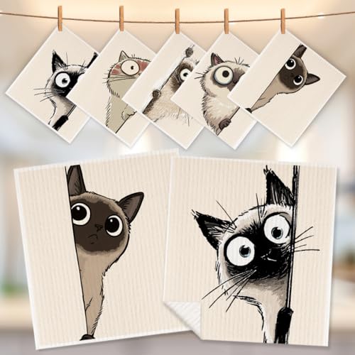 5 Pcs Cartoon Cute Peeking Kitten Swedish Dishcloths, Kitty Swedish Dishcloth, Funny Cat Dish Cloths for Drying Dishes, Reusable Cleaning Cloths, Cat Lover Gifts for Women 5 - color: Lm 03436