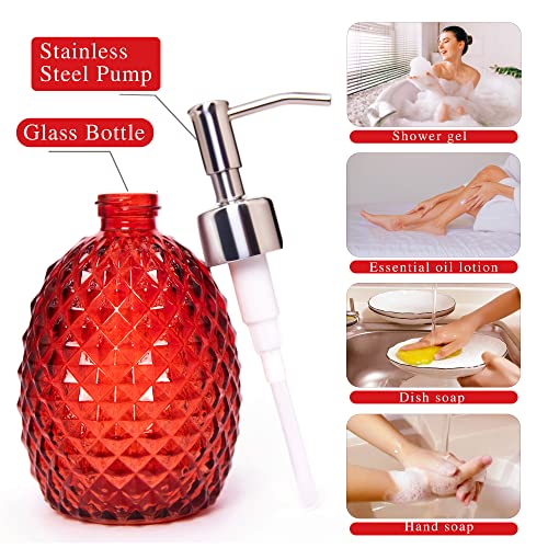 Glass Soap Dispenser with Stainless Steel Pump, 12oz Clear Dish Soap/Hand Soap/Laundry Soap/Lotion Dispenser, Refillable Liquid Dispenser for Bathroom Kitchen Shower (Bright red) - color: Red