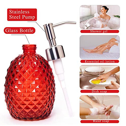 Glass Soap Dispenser with Stainless Steel Pump, 12oz Clear Dish Soap/Hand Soap/Laundry Soap/Lotion Dispenser, Refillable Liquid Dispenser for Bathroom Kitchen Shower (Bright red) - color: Red