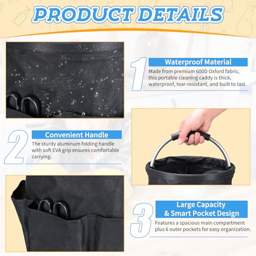 17L Cleaning Caddy with Handle & 6 Pockets, Foldable Cleaning Supply Organizer, Portable Shower Caddy, 600D Oxford Fabric Storage Basket for Home, Camping, Gardening, Bathroom, Cleaning Bag