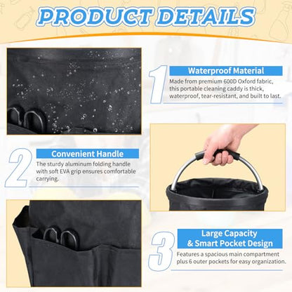 17L Cleaning Caddy with Handle & 6 Pockets, Foldable Cleaning Supply Organizer, Portable Shower Caddy, 600D Oxford Fabric Storage Basket for Home, Camping, Gardening, Bathroom, Cleaning Bag