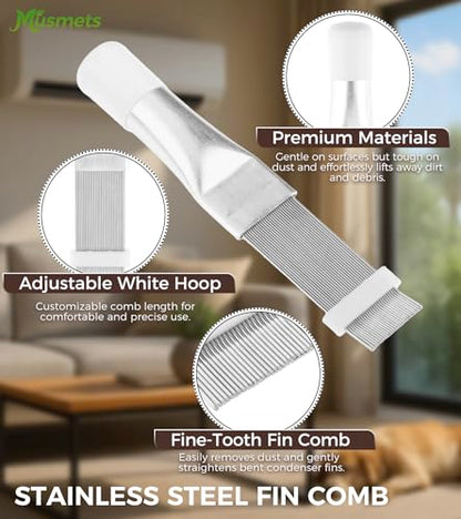 3PCS Air Conditioner Fin Comb Set, Double-Sided AC Coil Cleaning Brush, Metal Fin Comb & Mini Split Brush Kit Compatible with Refrigerator/Evaporator/Window AC Units