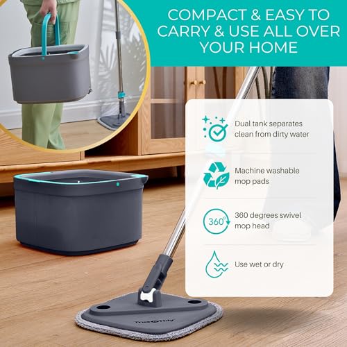 True & Tidy True Clean Spin Mop & Bucket System – Dual Compartment Design for Clean & Dirty Water, 360° Swivel Mop Head, Built-in Scrubbing Brush, Stainless Steel Handle & 2 Reusable Microfiber Pads - size: Spin Mop Standard