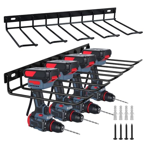 WellMade Power Tool Organizer Wall Mount, Drill Holder, 2 Pack Black Steel Drill Holder Wall Mount for Garage, Holds 4 Tools, 80LB Capacity, Easy Install with Screws & Anchors