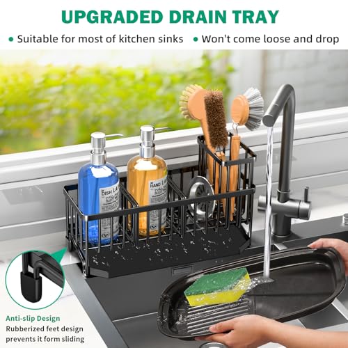 TomCare Extra Large 11'' Sink Caddy With Drain Tray Non-slip Kitchen Sink Organizer With 2 Adjustable Dividers High Brush Holder Rustproof Sponge Holder Kitchen Storage Accessories for Counter