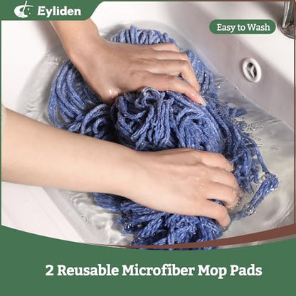 Eyliden Mop for Home & Commercial, Kitchen, Garage, Office Floor Cleaning | Non-Touch Replacement, Heavy Duty, 2 Reusable Cotton Heads, 4 Scouring Pads, Industrial Wet & Dry Mops