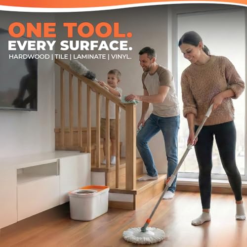 Grazie Spin Mop & Bucket Set - 360° Self-Wringing System, Stainless Steel Handle - Hands-Free Floor Cleaning for Hardwood, Tile, Laminate - Includes 2 Washable Microfiber Mop Head Refills - size: White Mop Bucket + 2 Mop Heads