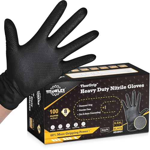 TitanFlex Heavy Duty Black Industrial Nitrile Gloves with Raised Diamond Texture, Latex Free (6mil/8mil) - color: 02 8mil (100ct), size: Small