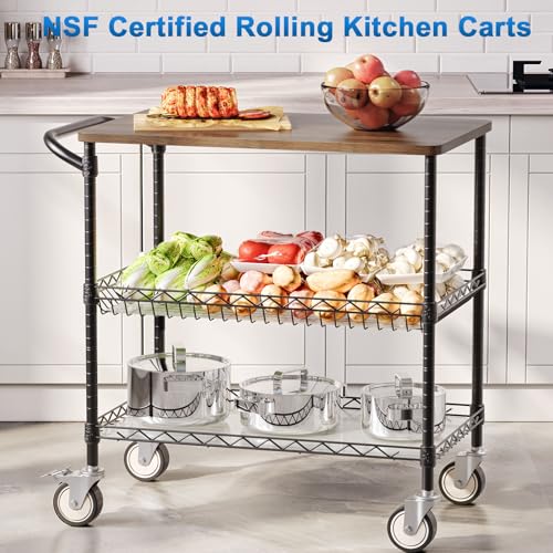 Leteuke Rolling Kitchen Carts with Wheels, 34" L x 17.5" W, 3-Tier Heavy Duty Utility Cart with Wood Tabletop, NSF Commercial Metal Serving Cart with Handle and Shelf Liner for Kitchen, Black - color: Wood-black