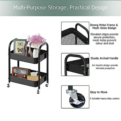 Melody House 2 Tier All-Metal Rolling Storage Cart with Handle and Locking Wheels - Kitchen, Laundry, Office, Bathroom Organizer, Black - size: 2 Tier Black