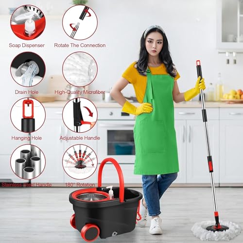 Spin Mop and Bucket with Wringer Set on Wheels,360° Spinning Mop Bucket System for Floor Cleaning, Mop and Bucket Set with 3 Microfiber Mop Replacement Heads and 61" Stainless Steel Adjustable Handle - color: Black Red