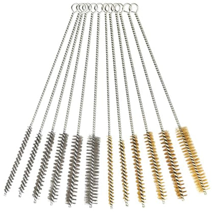 12 Pcs Brass Wire Brush Stainless Steel Wire Brush Set, 12"/30.5cm Long, Round Metal Cleaning Brush Bore Brush for Tubes, Cylinders, Bottle, Narrow Spaces, Auto Parts, 1/4" to 3/4"(6/8/10/15/18/20mm)