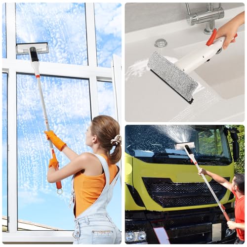 Spray Mop Window Cleaning Kit with Silicone Squeegee – Adjustable Aluminum Pole & Non-Slip Handle for Floors/Walls/Door/Windows/Cars/Bathroom, Detachable Tank & Washable Pads
