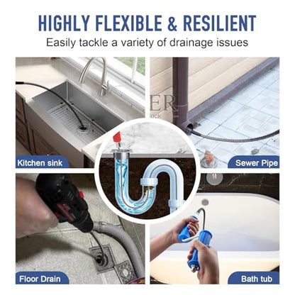 Drain Snake, Drain Auger with Drill Attachment, 16.4 Feet By 12 MM Plumbing Snake Auto Feed Flexible Hair Drain Clog Remover for Kitchen, Bathrom and Shower Sink