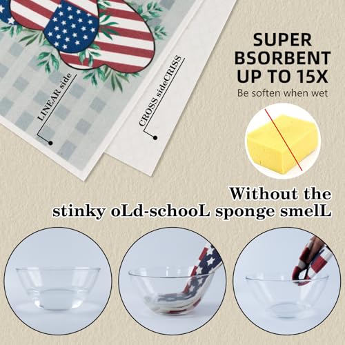 4th of July 6 Packs Swedish Kitchen Dish Cloths - American Flags Reusable Paper Towels for Counters & Dishes - Eco-Friendly Cellulose Sponge Cloth - color: J-flag