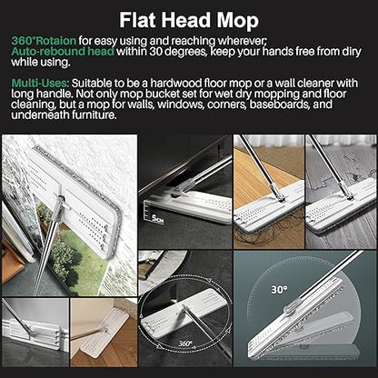 JOYMOOP Mop and Bucket Set for Home and Commercial Use, Flat Mop System with 3 Reusable Microfiber Pads, Floor and Wall Cleaner - color: White Standard243