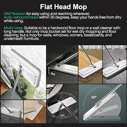 JOYMOOP Mop and Bucket Set for Home and Commercial Use, Flat Mop System with 3 Reusable Microfiber Pads, Floor and Wall Cleaner - color: White Standard243