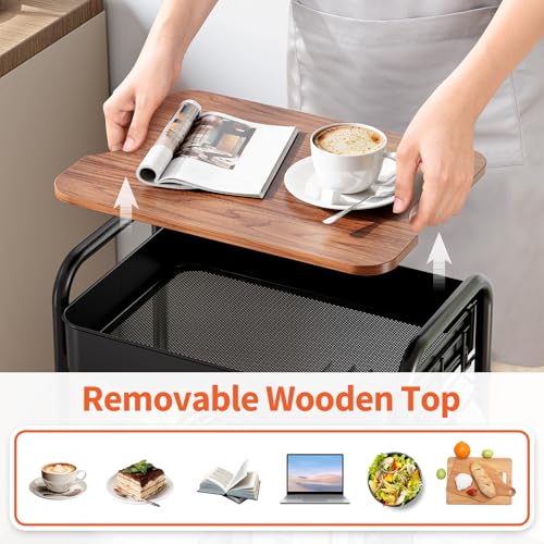 TOOLF 3-Tier Rolling Cart with Table Top, Metal Storage Cart on Wheels, Utility Organizer with Wooden Tray, Lockable Casters, Easy Assembly for Bathroom, Living Room, Office, Kitchen, Black - color: Black