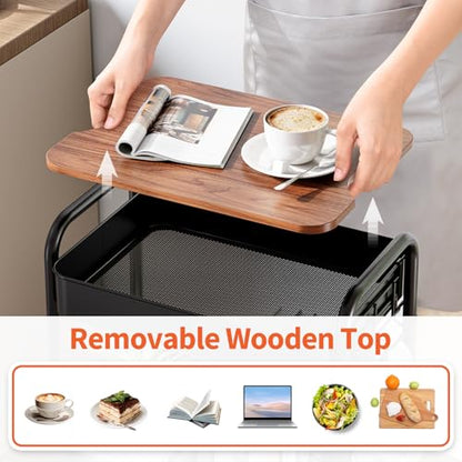 TOOLF 3-Tier Rolling Cart with Table Top, Metal Storage Cart on Wheels, Utility Organizer with Wooden Tray, Lockable Casters, Easy Assembly for Bathroom, Living Room, Office, Kitchen, Black - color: Black