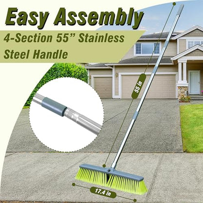 Upgraded 18" Push Broom with Adjustable Long Handle, Total Length is 55", Multi-Surface Floor Scrub Brush for Cleaning Deck, Patio, Garage, Driveway - size: 18" Push Broom + 55" Handle