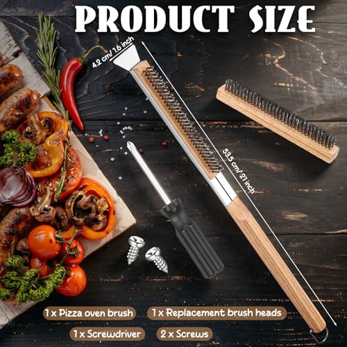 21'' Pizza Oven Brush Pizza Stone Brush with Stainless Steel Stone Scraper and Bristles Outdoor Oven Accessory Includes Extra Replacement Brushes Head and Screwdriver