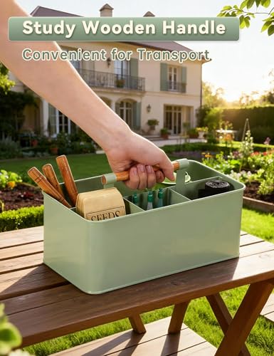 Gardening Tool Caddy, Garden Tool Basket with 4 Compartments, Metal Garden Caddy with Wooden Handle for Indoor & Outdoor - color: Green