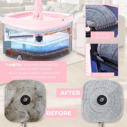 True & Tidy® True Clean Mop and Bucket System, Includes Square Spin, Dual Compartment Mop Bucket and 2 Thick Machine Washable Pads New Upgraded with Side Brush & Self Standing Handle, Rose - size: Spin Mop Rose w/ Side Brush & Self Standing Handle