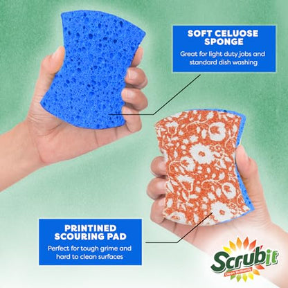 SCRUBIT Non-Scratch Cellulose Scrub Sponge - Soft and Easy Grip - Kitchen Sponges for Cleaning - 16-Pack Dual Sided Scrubby Sponges for Pots, Pans, Kitchen, and More