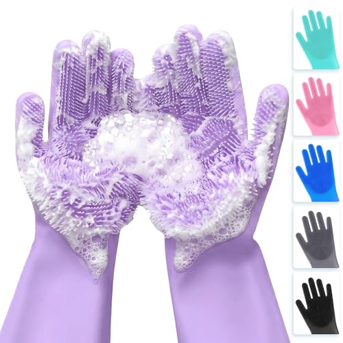 ALPENKOK Silicone Dishwashing Gloves with Scrubber – Non-Slip Silicone Gloves for Washing Dishes | Household Use - color: Purple Dishwash