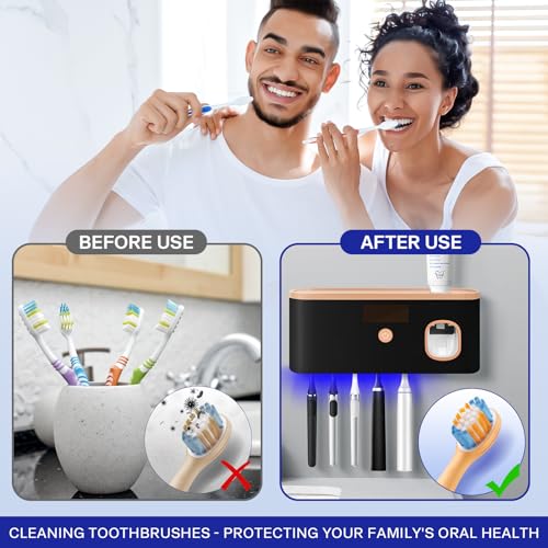 Smart Toothbrush Holder for Bathroom with Toothpaste Dispenser, USB Charging with 5 Toothbrush Slots for Family (Black) - color: Black