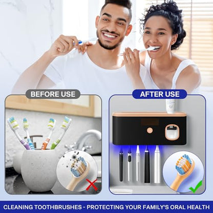 Smart Toothbrush Holder for Bathroom with Toothpaste Dispenser, USB Charging with 5 Toothbrush Slots for Family (Black) - color: Black