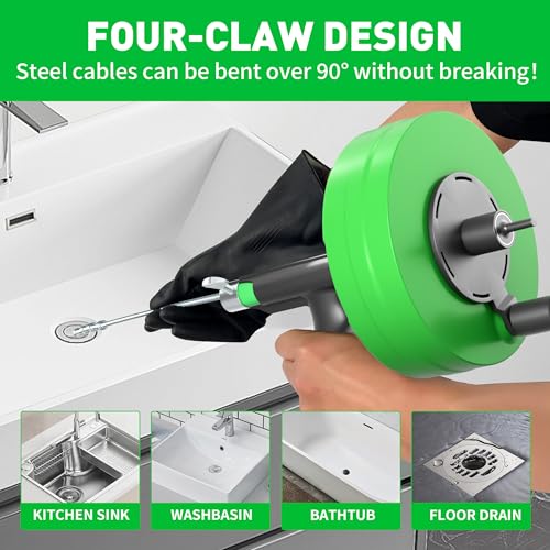 BACOENG 50Ft Drain Auger, Heavy Duty Plumbing Snake with Drill Adapter, Use Manually or Powered for Drain Clog, Shower Sink, Comes with Gloves and Bag (Green) - color: Green-50FT