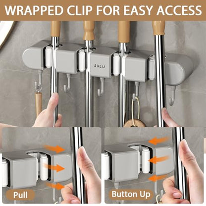 3PCS Broom Holder Wall Mount, No-Drilling Self-Adhesive Mop and Broom Storage Rack (4 Racks with 5 Hooks),Wall-Mounted Broom Hanger for Bathroom, Kitchen, Closet, Garage (Gray)