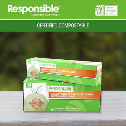 Responsible Products Kitchen Bin Liners, Certified Compostable, Heavy Duty Multipurpose Food Scrap Bags, Made from Compostable Materials (13 Gallon Drawstring, 13 Gallon (100 Count)) - size: 13 Gallon (100 Count), style: 13 Gallon Drawstring