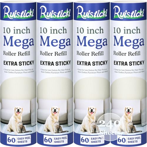 10 inch Mega Lint Roller Refills for Evercare Layers Smart Design Large Lint Rollers, 50% Stickier Refills Pack of 4, 60 Sheets per Refill, Total 240 Extra Sticky Sheets - size: 10 inch
