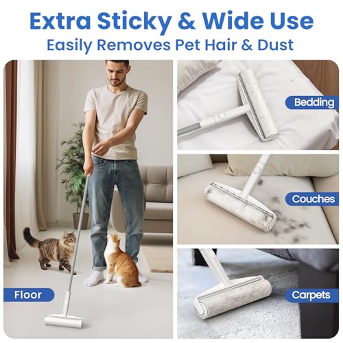 Large Lint Roller for Floors Carpet Furniture Bed – 9.45" Wide Extra Sticky Pet Hair Remover, 4 Refills 360 Sheets Value Pack, Long Handle for No-Bending Cleaning –Ideal for Dog Cat Owners Homes - size: A: 1 Roller + 4 Refills (360 Sheets Total)