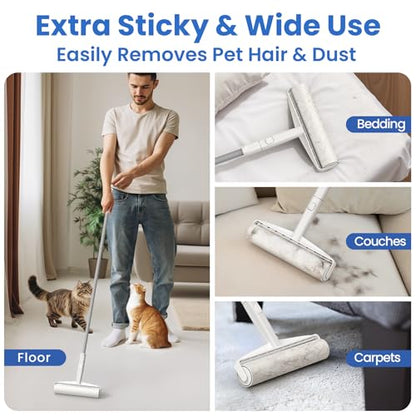 Large Lint Roller for Floors Carpet Furniture Bed – 9.45" Wide Extra Sticky Pet Hair Remover, 4 Refills 360 Sheets Value Pack, Long Handle for No-Bending Cleaning –Ideal for Dog Cat Owners Homes - size: A: 1 Roller + 4 Refills (360 Sheets Total)