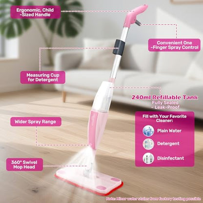 Dreamon Kids Spray Mop - Real Working Toddler Cleaning Set with Water Sprayer & 3 Washable Mop Pads & Scraper, Pretend Play Montessori Housekeeping Toys Gifts for Toddlers Kids Girls Boys(Pink) - color: Pink